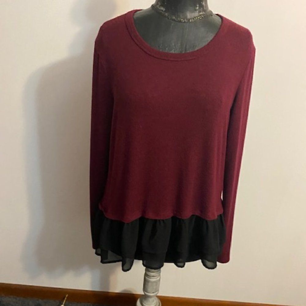 A. OK Coevolution Burgundy/Black sweater with sheer bottom, size L